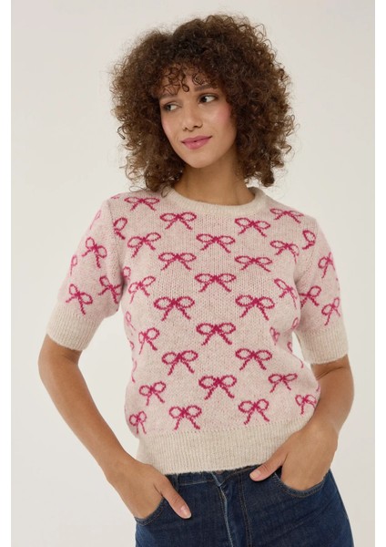 Kadın Fiyonk Desenli Kısa Kollu Triko Kazak Neon Pembe