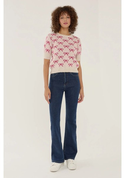 Kadın Fiyonk Desenli Kısa Kollu Triko Kazak Neon Pembe fiyatları