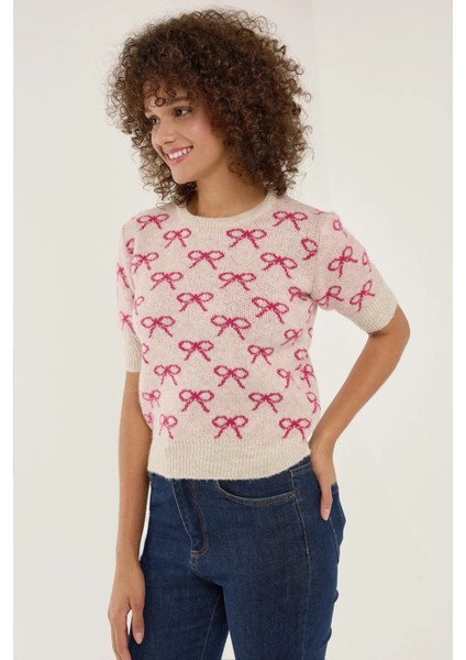 Kadın Fiyonk Desenli Kısa Kollu Triko Kazak Neon Pembe modelleri