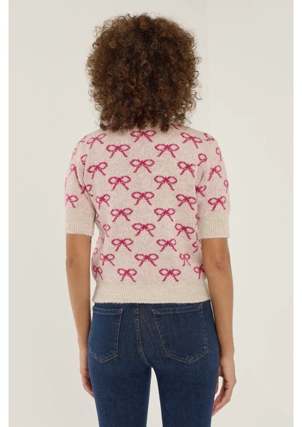 Kadın Fiyonk Desenli Kısa Kollu Triko Kazak Neon Pembe fırsatları