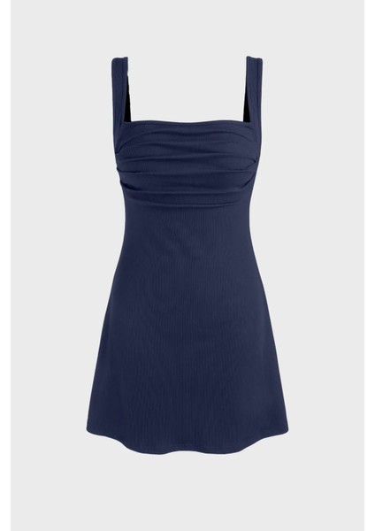 Kadın Kırışıklıklı Kare Yaka Mini Elbise Blue