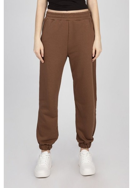 Kadın Orta Yükseklikte Elastik Bel Jogger Pantolonlar Kahverengi