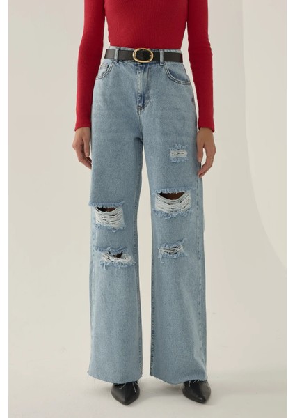 Kadın Yırtık Yüksek Bel Geniş Paça Denim Jeans Maya Mavisi fiyatları
