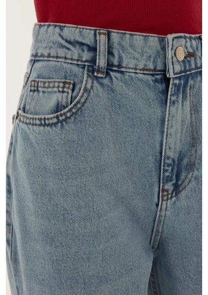 Kadın Yırtık Yüksek Bel Geniş Paça Denim Jeans Maya Mavisi indirimleri