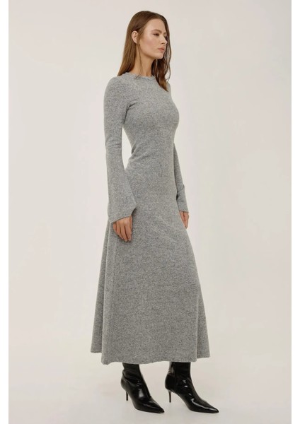 Kadın Yuvarlak Yaka Desenli Maxi Elbise Grey modelleri