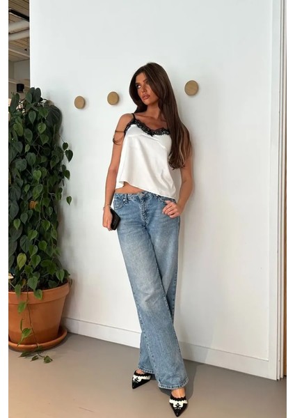 Kadın Dantel Detaylı Dokuma İnce Askılı Üst White