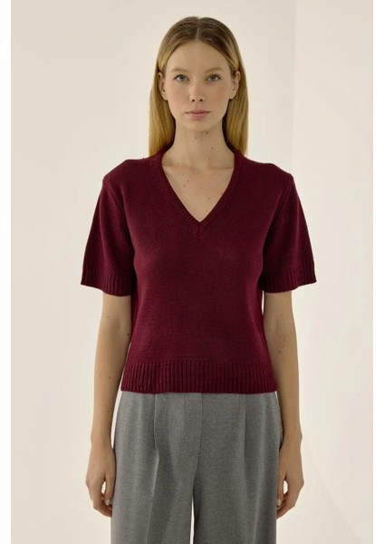 Kadın Kısa Kollu V-Yaka Örgü Kazak Bordo Kırmızı