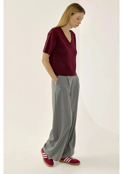 Kadın Kısa Kollu V-Yaka Örgü Kazak Bordo Kırmızı fiyatları