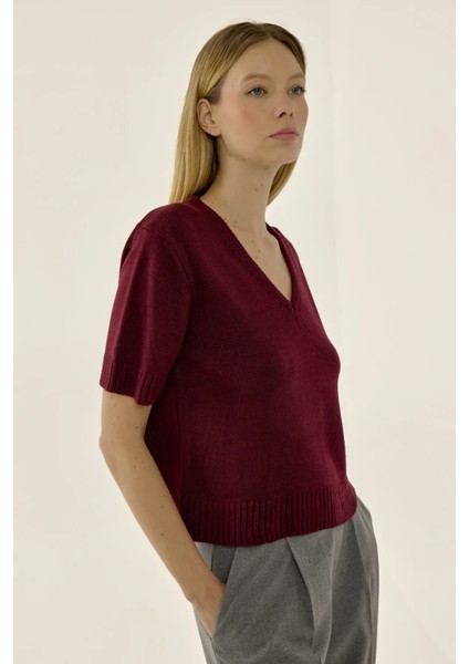Kadın Kısa Kollu V-Yaka Örgü Kazak Bordo Kırmızı modelleri