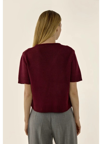 Kadın Kısa Kollu V-Yaka Örgü Kazak Bordo Kırmızı fırsatları