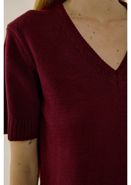 Kadın Kısa Kollu V-Yaka Örgü Kazak Bordo Kırmızı indirimleri