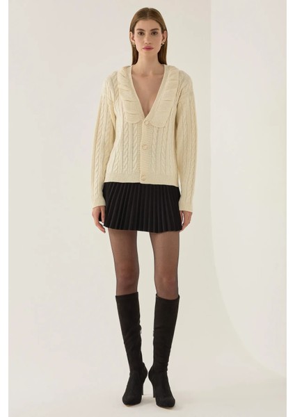 Kadın Dokulu V Yaka Triko Hırka Natural