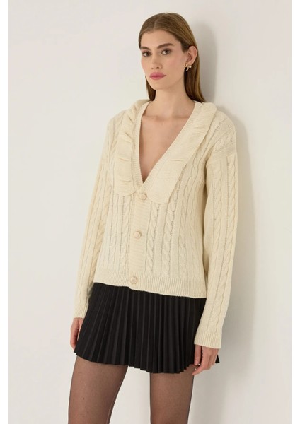 Kadın Dokulu V Yaka Triko Hırka Natural fiyatları