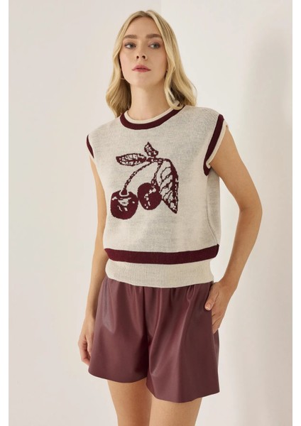 Kadın Kiraz Desenli Süveter Natural