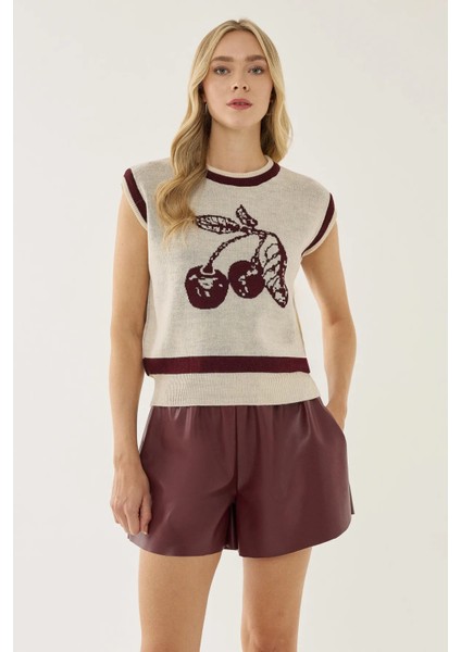 Kadın Kiraz Desenli Süveter Natural fiyatları