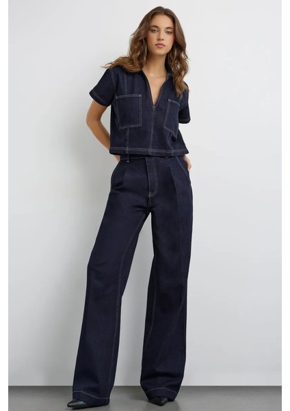 Kadın Yüksek Bel Geniş Paça Ham Kot Pantolon Koyu Mavi Denim fiyatları