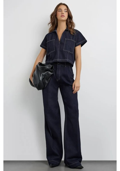 Kadın Yüksek Bel Geniş Paça Ham Kot Pantolon Koyu Mavi Denim modelleri