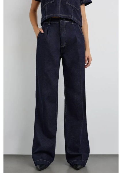 Kadın Yüksek Bel Geniş Paça Ham Kot Pantolon Koyu Mavi Denim fırsatları