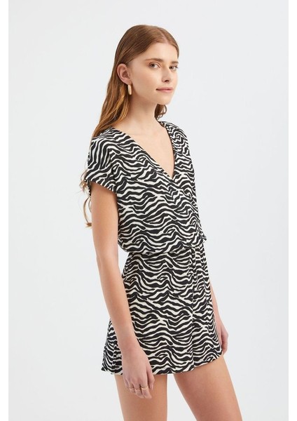 Kadın Zebra Desenli V Yaka Playsuit Siyah modelleri