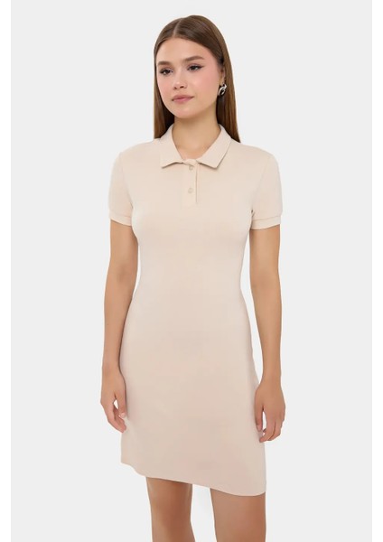 Kadın Düğme Detaylı Mini Elbise Bej Doğal fiyatları