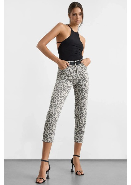 Kadın Hayvan Baskılı Slim Fit Kot Pantolon Gri