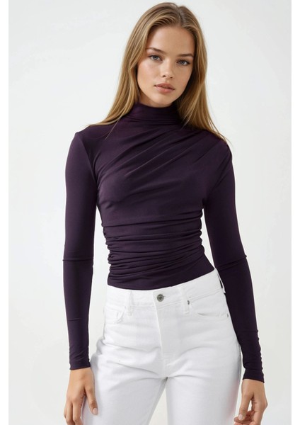 Kadın Dik Yaka Büzgü Detaylı Sandy Bluz Purple fırsatları