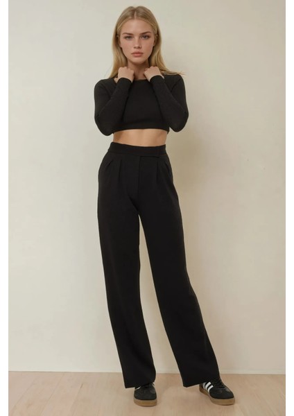 Kadın Cırt Cırt Kapamalı Yüksek Bel Pileli Wide Leg Pantolon Black modelleri