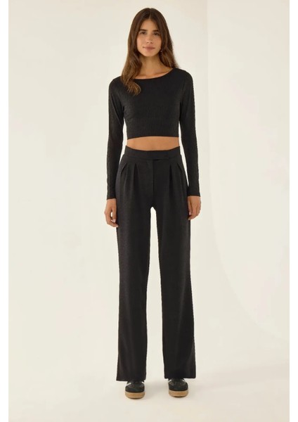 Kadın Cırt Cırt Kapamalı Yüksek Bel Pileli Wide Leg Pantolon Black indirimleri