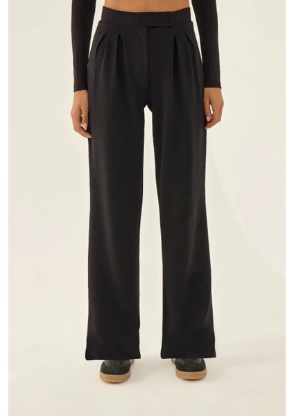 Kadın Cırt Cırt Kapamalı Yüksek Bel Pileli Wide Leg Pantolon Black
