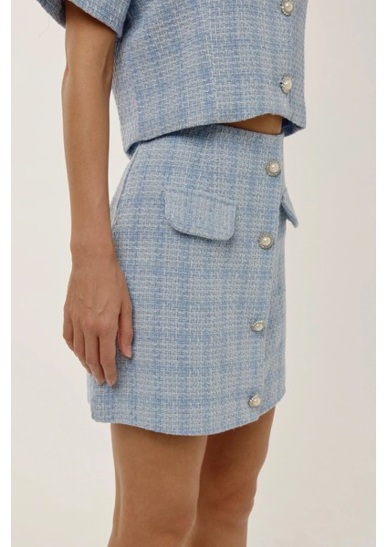 Kadın Düğme Detaylı Mini Tüvit Etek Maya Mavisi modelleri