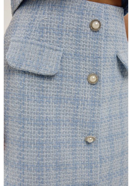 Kadın Düğme Detaylı Mini Tüvit Etek Maya Mavisi indirimleri