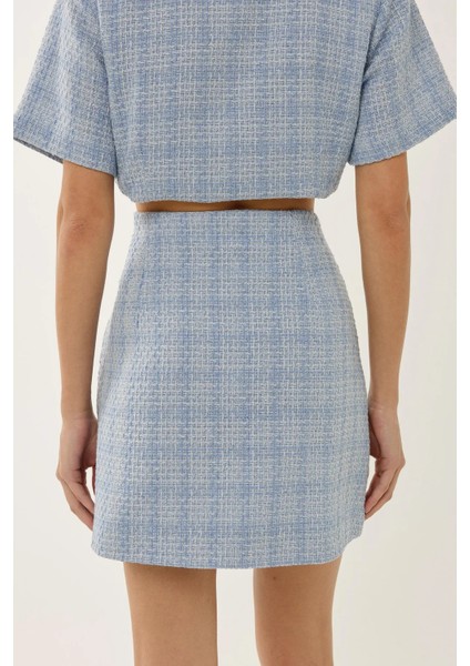 Kadın Düğme Detaylı Mini Tüvit Etek Maya Mavisi