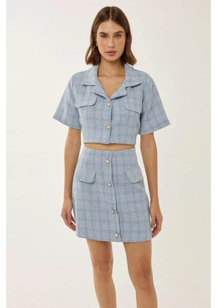 Kadın Düğme Detaylı Mini Tüvit Etek Maya Mavisi