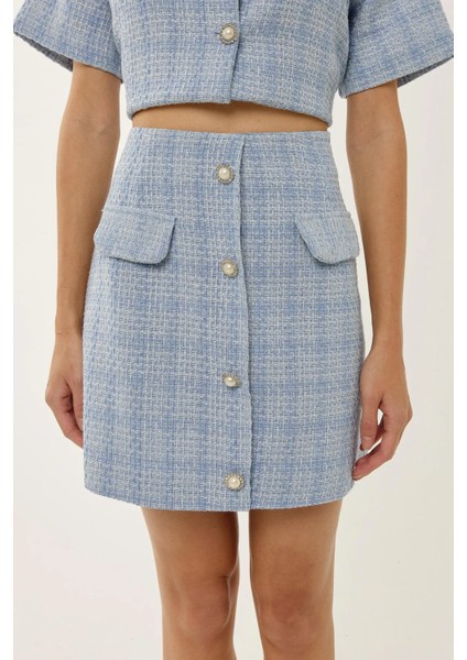 Kadın Düğme Detaylı Mini Tüvit Etek Maya Mavisi