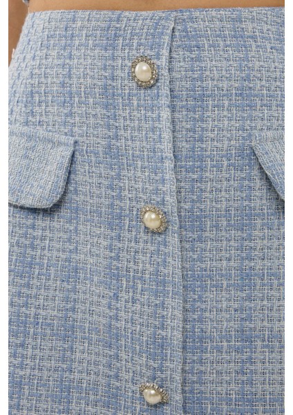 Kadın Düğme Detaylı Mini Tüvit Etek Maya Mavisi