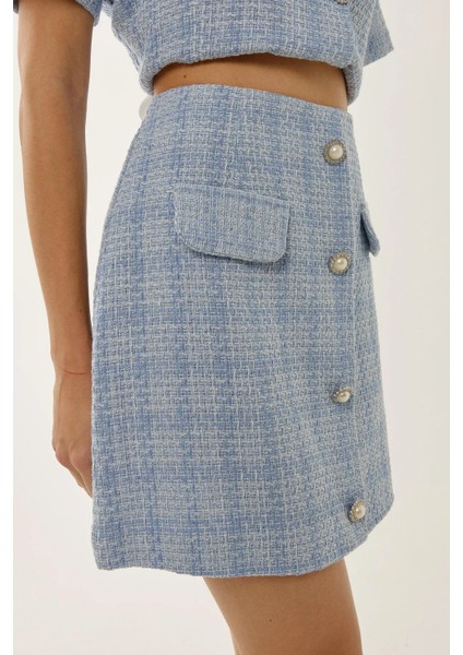 Kadın Düğme Detaylı Mini Tüvit Etek Maya Mavisi