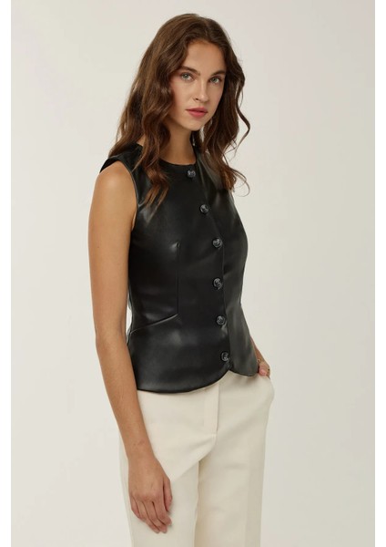 Kadın Suni Deri Yelek Black