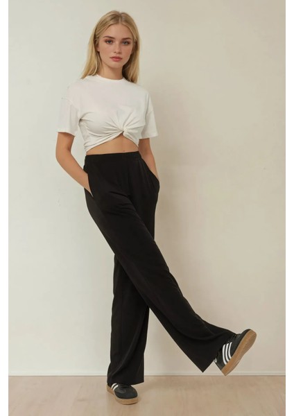 Kadın Wide Leg Rahat Kesim Esnek Örme Pantolon Siyah modelleri
