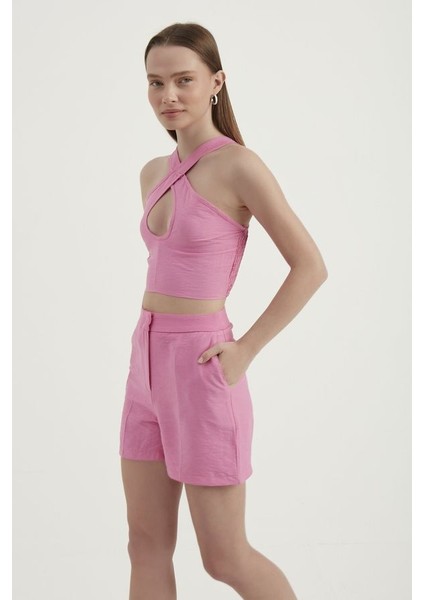 Kadın Sırtı Kesik Halter Crop Top Pink modelleri