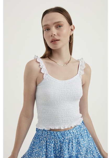 Kadın V Yaka Fermuarlı Crop Top White