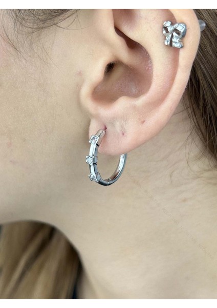 Zirkon Taşlı, Halka, Platinyum Kaplama Paslanmaz Çelik Küpe 544, Gümüş Renk