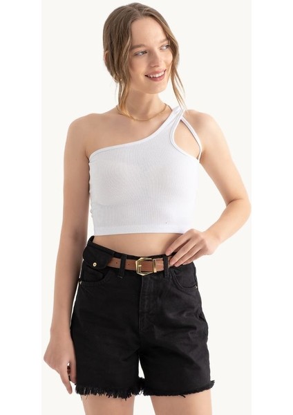 Kadın Tek Omuz Askısız Basic Crop Top White modelleri