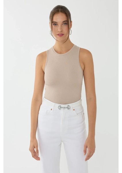 Kadın Basic Crop Top Natural