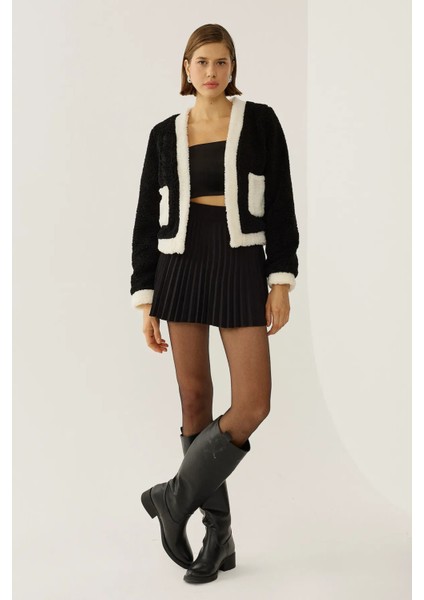 Kadın Sherpa Kontrast Detaylı Ceket Siyah