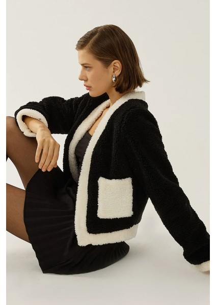 Kadın Sherpa Kontrast Detaylı Ceket Siyah