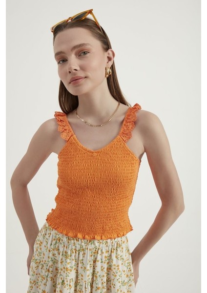 Kadın V Yaka Fermuarlı Crop Top Orange