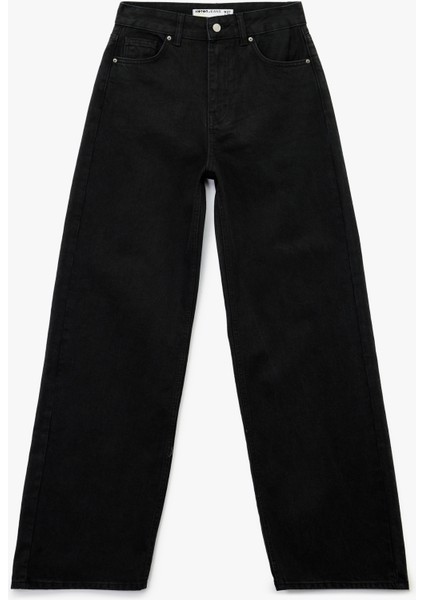 Yüksek Bel Pamuklu Düğmeli Geniş Paça Jean Pantolon - Wide Leg Jeans