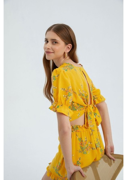 Kadın Çiçekli Surplice Yaka Kısa Kollu Crop Top Sarı