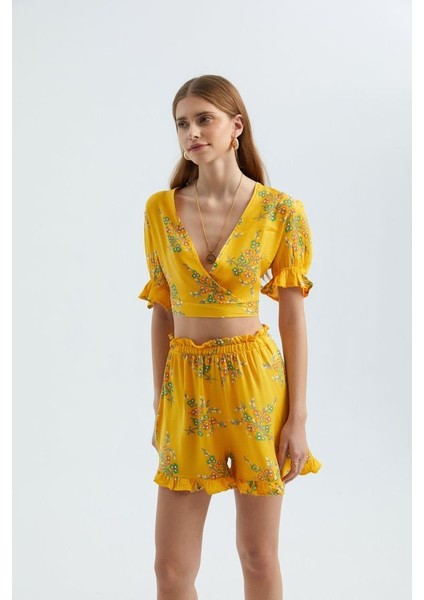Kadın Çiçekli Surplice Yaka Kısa Kollu Crop Top Sarı modelleri