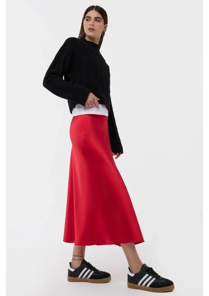 Kadın Yüksek Bel Saten Midi Etek Red
